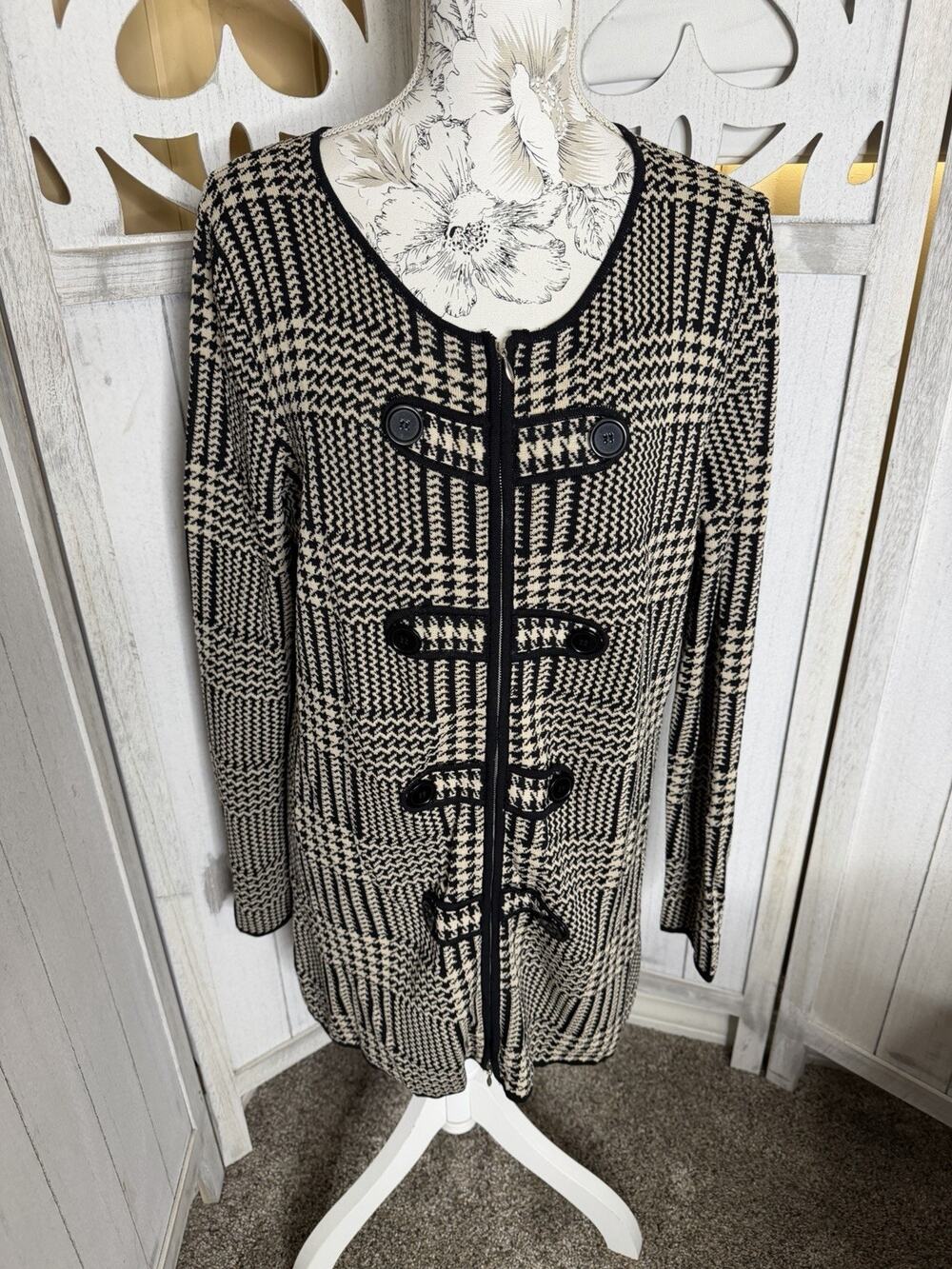 Kenar Houndstooth Long Knit Cardigan Brown and Tan Full Zip Size Large Academia